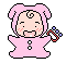 Pixel art contact sheet showing two frames of a pink cartoon character with pigtails holding an animated object that changes shape between frames.
