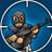 Pixelated character in gray outfit holding a long dark object, set against blue background with white circular border.