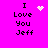 Pixelated text 'I Love You Jeff' on bright pink background with animated heart and star effects.