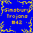Blue background with yellow pixelated text and border elements repeating 'Simsbury Trojans #42' in a pattern, featuring central abstract shapes