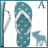 Teal flip-flop with white polka dots and light gray strap, next to a small deer silhouette on white background.