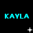 Cyan 'KAYLA' text repeated in three on black background with white pixelated symbols changing across frames