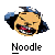 Pixelated cartoon face with exaggerated expression, blue and white headwear, and visible teeth, set against gray background with text below.