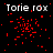 A black background with red pixel clusters and white text reading 'Torie rox' repeated across the image.