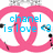 Pixelated icon with pink heart outline and blue text reading 'chanel is love' on white background.