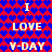 Red and blue heart-patterned background with repeated white text 'I LOVE V-DAY' in pixelated font, arranged in a