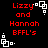 Red text 'Lizzy and Hannah BFFL's' on black background with white pixelated square icons in four corners.