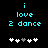 Pixelated cyan text on black background reads 'i love 2 dance' with five white and gray plus signs below, two versions differ in plus sign positions.