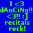 Pixelated green text on four colored backgrounds reads 'I <3 dancing!! <3!! ;] recitals rock!' with alternating blue and purple top halves.