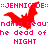 Red bat-shaped icon with pixelated edges appears in three variations above pink text reading ::JENNICIDE::, nding beauding beau, he dead of, NIGHT on white background.