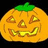 Pixelated orange pumpkin with green stem, carved face showing triangular eyes and jagged mouth, positioned left of text on black background.