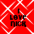 Red background with white diamond lattice pattern and black text reading "I LOVE NICK" in four quadrants.