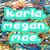 Pixelated cyan text on a multicolored pixelated background reads "Karla. Megan. Mac." and "tight like rubber bands!" in blocky font.