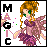 Pixel art of a fairy with green eyes, curly orange hair, and purple dress holding a wand emitting pink and green particles.