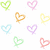 Eight pixelated heart shapes in pastel colors arranged on a white background, each with distinct color variations and subtle transparency effects.