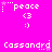 Pixelated pink background with white text and symbols arranged in a pattern, featuring repeated 'peace' text with emoticons and 'Cassandra' text with star symbols