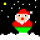 Pixelated Santa-like figure in red hat and coat with green trim, white beard, against black starry background with yellow stars.
