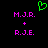 Green pixelated heart symbol above pink text reading M.J.R. + R.J.E. on black background.