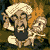 Pixelated cartoon figure with white turban and dark beard in four sequential poses showing hand movements and facial expressions against orange and brown background.