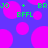 Pixelated green text and pink circles on a blue background with no visible motion.