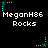 Pixelated text and star icons on black background with animated blue dot trails. Text reads "MeganH86 Rocks" in white block letters below each star icon.
