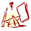 Red ink drawing of a seated figure writing at a desk with a pencil, computer monitor, and question mark or exclamation mark above head, on yellow background.