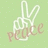 A pixelated hand making a peace sign with the word 'peace' in cursive below it on a light green background.