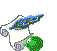 Pixelated icon shows white scroll with blue lines, blue feather quill, and green sphere on gray background.