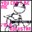 Pixelated cartoon figure with white face and black outline holding guitar, text 'YOU CAN'T BE ME I'M A ROCKSTAR' in pink block letters on white background.