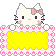 Pixelated white cat with pink bow, black whiskers, and pink cheeks holding a yellow rectangular frame bordered by pink hearts on gray background.