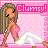 Pixel art of a woman with long brown hair in a pink top and white pants, reclining against a pink polka-dot background with 'Clumsy!' text.