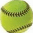 A green softball with dark stitching appears on a white background, while adjacent blue display purple text reading 'kendra kylie kate jes=' and 'bffs. fo sho.'