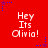 Red background with white text reading 'Hey Its Olivia!' repeated six times in a , surrounded by blue and purple star-shaped pixel clusters