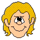 Pixelated cartoon head with blonde hair, two expressions showing eyes transitioning from squinted to open while smiling.