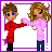 Pixel art animation of two characters in a sequence showing reaching, holding hands, and hugging with purple star accents.