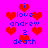 Pixelated icon with bright pink background, red hearts, and blue text reading 'i love andrew 2 death' in two vertical