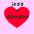 Four identical red heart-shaped icons with green text 'jess + dawson' on a light pink background, arranged in two of two