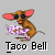 Brown mouse with pink ears and blue eyes holds a purple and white checkered object, with text "Taco Bell" below.