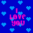 Blue background with scattered light blue pixel hearts and pink text reading "I LOVE YOU" in four separate clusters.