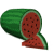 A watermelon slice and whole fruit with green rind, red flesh, black seeds, and a white inner rind on a plain background.
