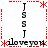 A static pixel art composition with red dotted borders, black text elements, and repeated 'iloveyou' phrases surrounded by asterisks.