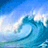 A pixelated static image of a blue ocean wave curling under a bright sky with scattered clouds.