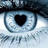A pixelated close-up of a stylized eye with a heart-shaped pupil, set against a light blue and white background.