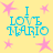 Yellow background with pink star shapes and blue text reading "I LOVE MARIO" in pixelated font.