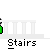 Pixelated green figure with white head stands on white stairs with , surrounded by text bubbles and symbols on gray background