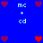 Blue background with pixelated heart icons and light blue text 'mc + cd' arranged in a pattern