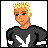 A 48x48 pixel buddy icon split into two sections: a character portrait on the left and text on a blue background on the right, with visible pixelation and dithering effects.