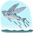 A stylized fish-like creature with large wings flies above a wavy blue water line against a light blue background.