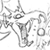Pixelated grayscale icon of a stylized character with abstract geometric shapes and lines, appearing to hold or interact with circular forms against a white background.