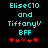 Pixelated cyan text on black background reads 'EliseC10 and TiffanyV BFF' with red heart symbols below, showing two animation frames where one heart changes from dark red to bright red.